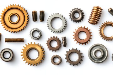 Symmetrical Arrangement of Nuts and Gears on White Background