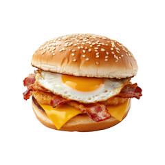 Breakfast sandwich with egg and bacon in a sesame bun. A delicious combination of crispy bacon, fried egg, and melted cheese. Isolated on transparent background, png.