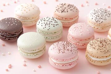 Fototapeta premium Colorful pastel macarons with sprinkles on soft pink background