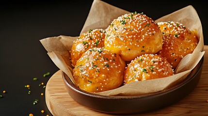 Freshly baked golden buns sprinkled with sesame on a wooden platter.