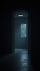 Haunting corridor with dim lighting and foggy window revealing outdoor scene.