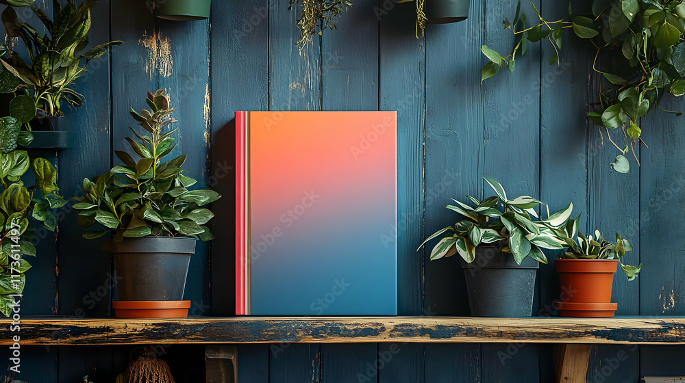 Poster gradient-colored book mockup displayed on a rustic wooden shelf with various potted plants against a