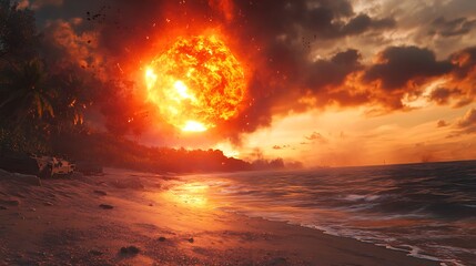 A dramatic sunset scene with a fiery sun setting over a beach, creating an apocalyptic atmosphere.