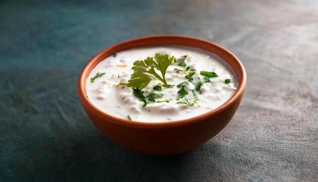 bowl of raita on the desk closeup of ndian curd dish rayta