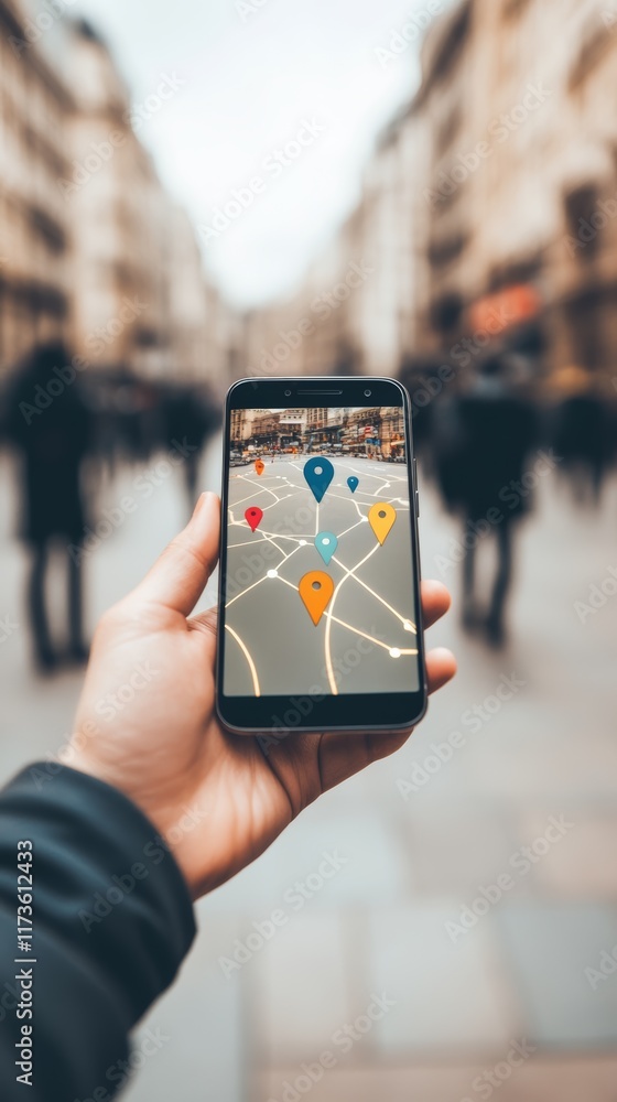 Poster Hand holding smartphone displaying navigation app with colorful location pins on map, providing directions and points of interest in urban environment