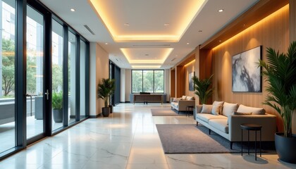 Fototapeta premium Stock photo features a modern office lobby with bright lighting stylish décor and comfortable seating providing an inviting and professional atmosphere.