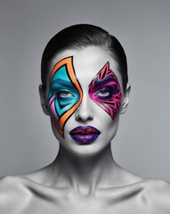Bold makeup art emphasizing vibrant colors and dramatic expressions in a studio setting