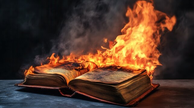 Ancient book ablaze with flames on dark background.