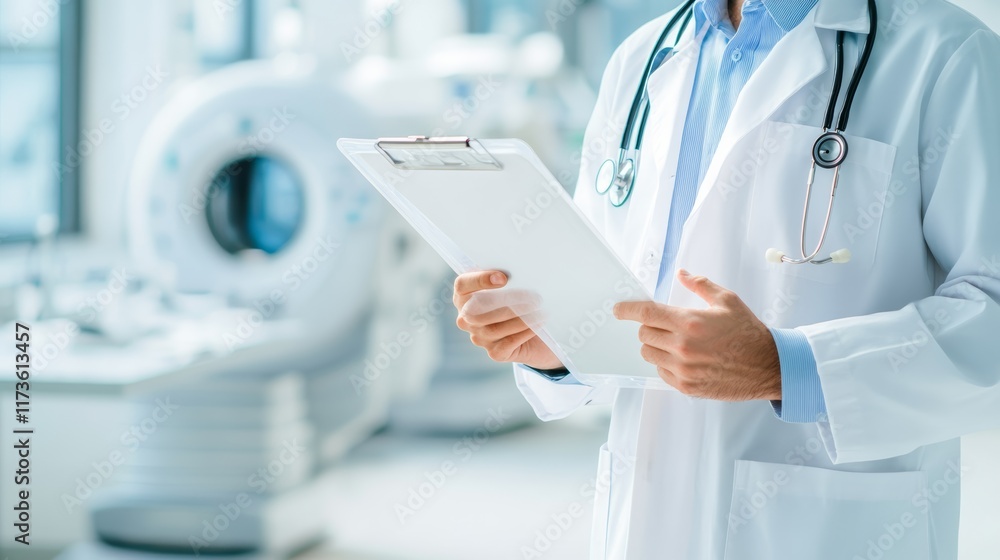 Aufkleber doctor wearing lab coat and stethoscope is holding and reading a clipboard with medical report while