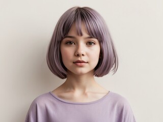 Fototapeta premium French teen girl with chic bob cut in casual lavender top.