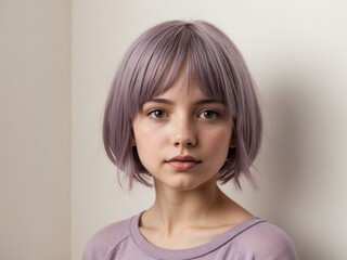 French teen girl with chic bob cut in casual lavender top.