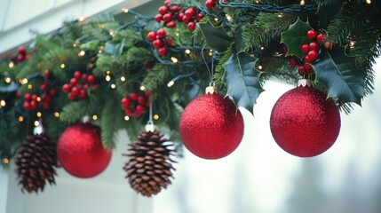 Obraz premium Festive holiday decorations with ornaments, pinecones, and greenery.