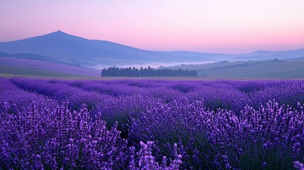 Naklejka premium Serene sunrise over vast lavender fields and misty mountains.