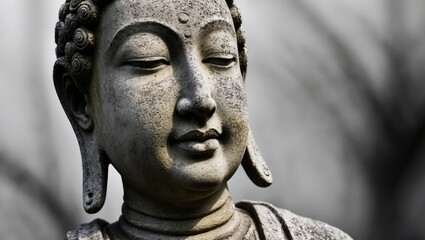 Weathered stone statue with serene expression.