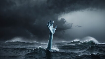Hand reaching for help from the deep ocean during a dramatic storm.