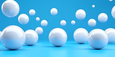 White spheres float on blue; abstract background for design.