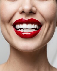 Fototapeta premium Perfect smile with white teeth and red glossy lips is showing happiness and health.