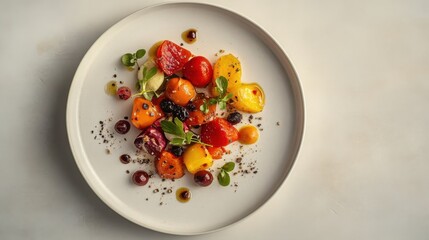 Artisanal dish on minimalist plate with vibrant colors and taupe background