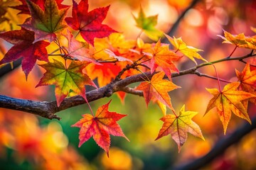 Fototapeta premium Vibrant Autumn Leaves Macro Photography: Close-up Detail of Colorful Fall Foliage on Tree Branch