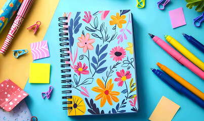 Flat lay of colorful stationery items including a floral notebook, pens, sticky notes, and binder clips on a blue and yellow background.