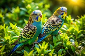 Fototapeta premium Vibrant Budgies Perched on Lush Green Foliage: Stunning Drone Aerial Shot
