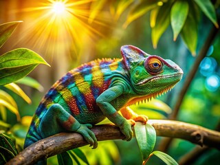 Vibrant Chameleon in Lush Tropical Landscape - Stock Photo
