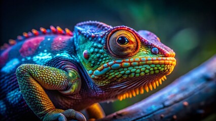 Vibrant Chameleon Close-Up: Low Light Branch Perch