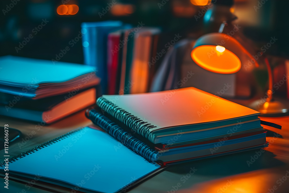 Poster stack of spiral notebooks illuminated by warm desk lamp light at night. a second notebook lies open 