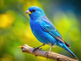 Obraz premium A photorealistic canary, a burst of yellow, on a branch. Blue sky, stunning detail.