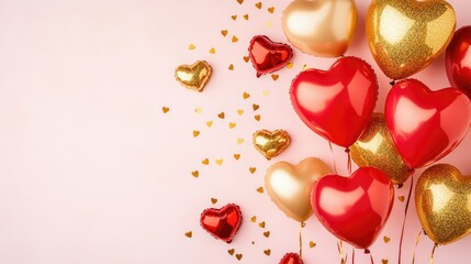 A festive arrangement of red and gold heart-shaped balloons with ribbons