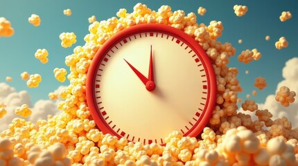 Popcorn clock countdown fun kitchen setup creative food art bright environment unique viewpoint time concept