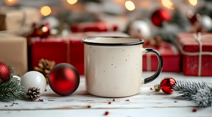 Cozy Christmas mug on white rustic wooden table with red and white ornaments, gifts, pine cones, and snow-covered pine branches.