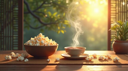 Cozy morning gathering home food photography relaxing environment warm sunlight enjoying popcorn delight