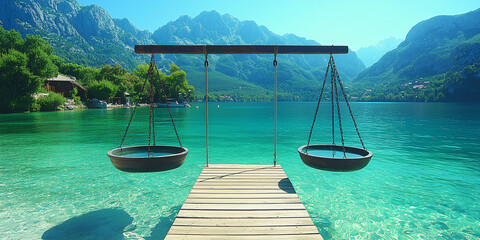 Obraz premium A wooden platform suspended over clear turquoise water with two hanging metal bowls, set against a mountainous backdrop.