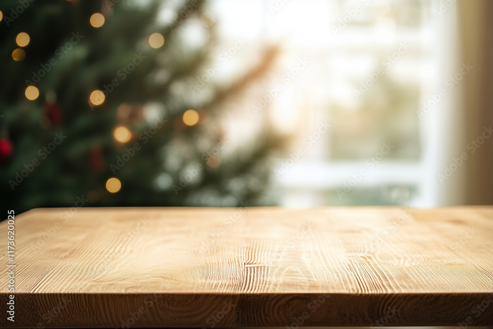 Poster wooden table with a christmas tree in the background. the tree is lit up with lights and the table i