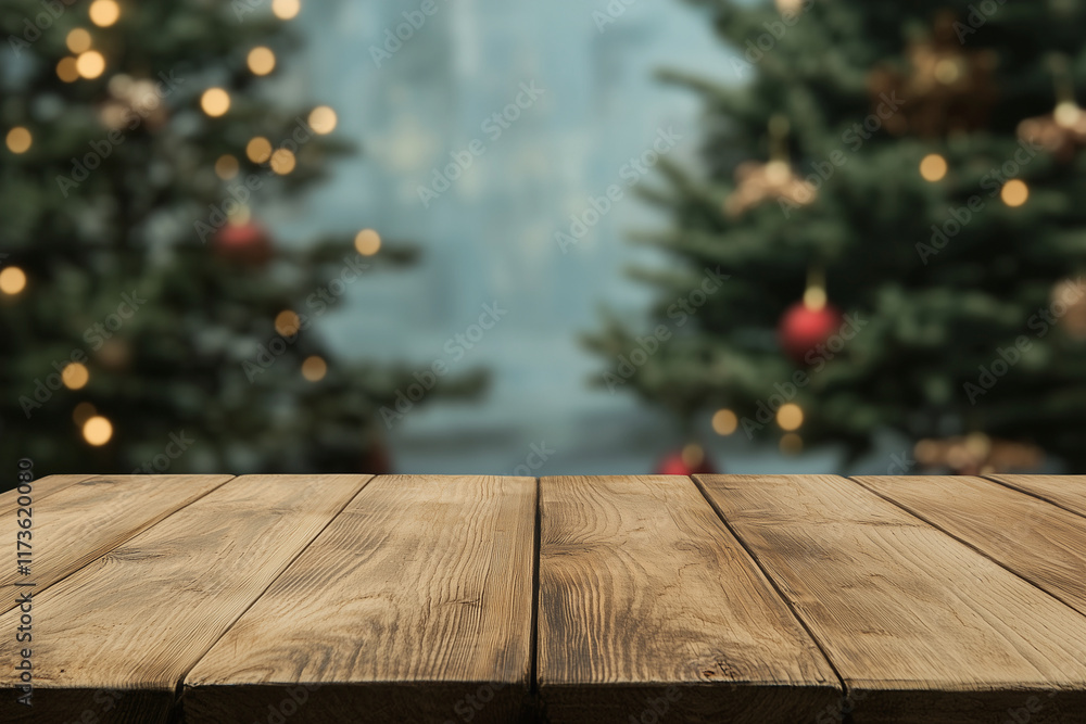 Poster wooden table with a christmas tree in the background. the tree is lit up with lights and the table i