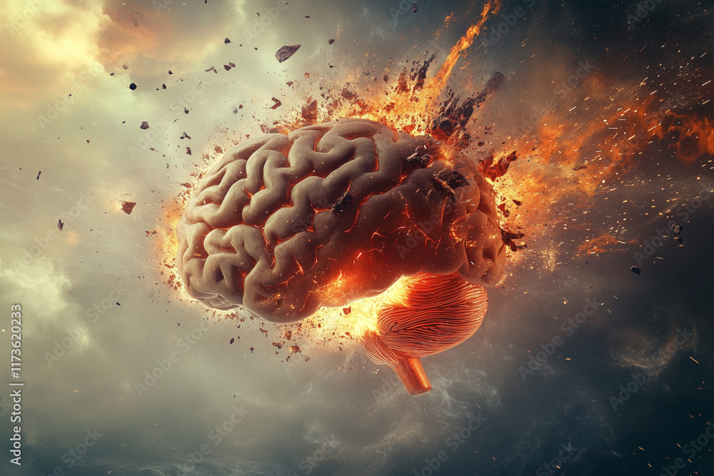 Poster brain is exploding in a fiery explosion. the brain is surrounded by a cloud of debris and ash. conce