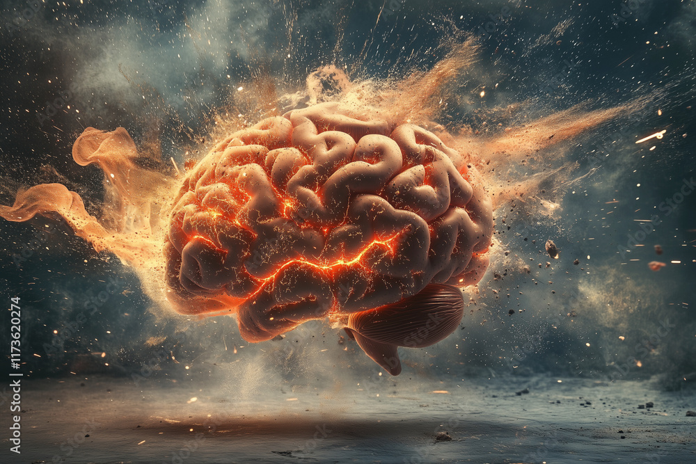 Poster brain is exploding in a fiery explosion. the brain is surrounded by a cloud of smoke and debris. the