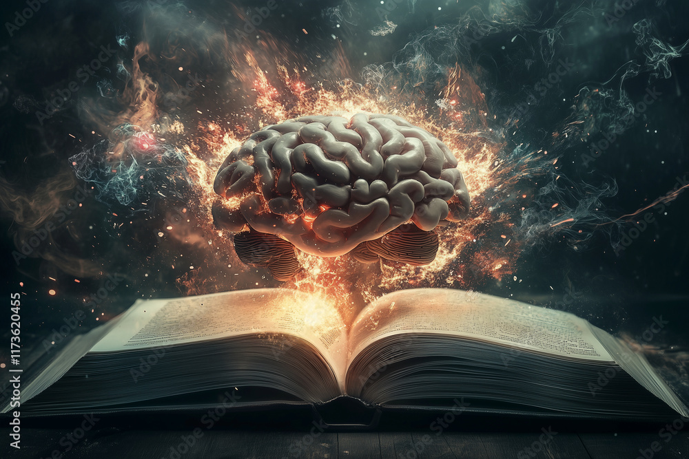 Poster brain is exploding out of an open book. the brain is surrounded by fire and smoke, and the book is o