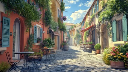 Narrow cobblestone street in a charming European village with yellow and beige stone buildings