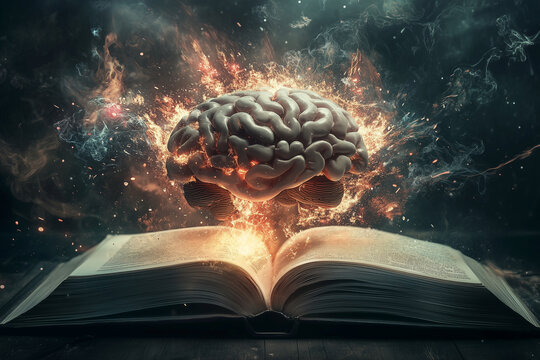 brain is exploding out of an open book. The brain is surrounded by fire and smoke, and the book is open to a page with a large brain on it. The scene is chaotic and intense
