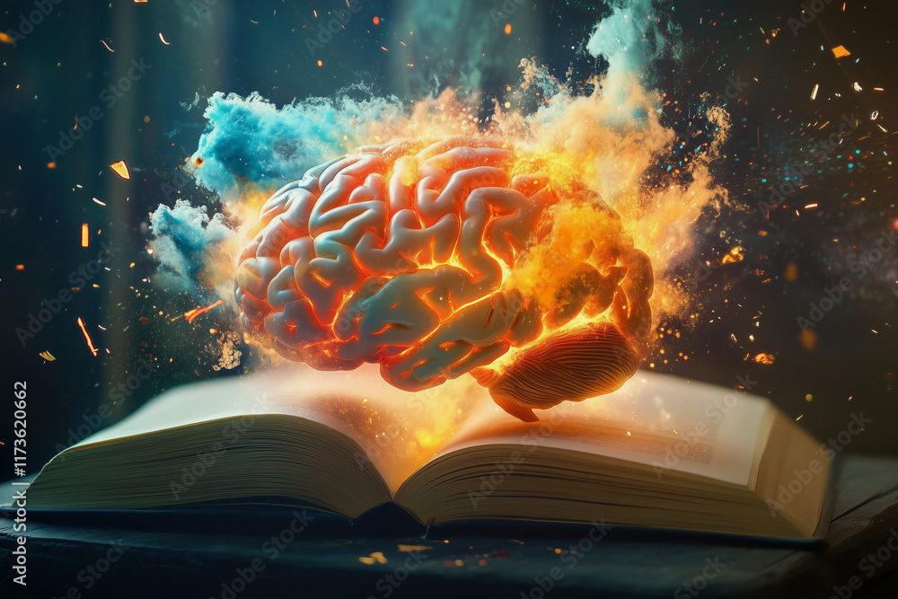 Poster brain is exploding out of an open book. the brain is surrounded by fire and smoke, and the book is o