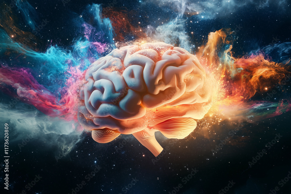 Poster brain is surrounded by colorful space and stars. the brain is glowing and he is in a state of intens