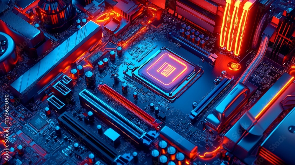Poster close-up of illuminated computer motherboard with cpu.