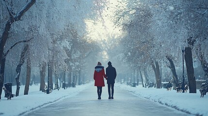 Couple walking hand-in-hand down snowy path.