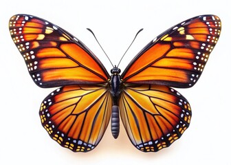 Vibrant Monarch Butterfly Wings Spread Wide, Isolated on White Background - Stock Photo