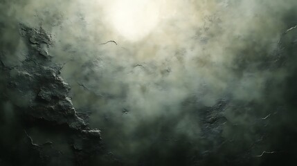 Dark, moody landscape with birds flying through clouds and rocks.