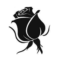 Rose icon vector design with a white background.is a high-quality graphic design file featuring a striking illustration of a rose bud rendered entirely in black. This design captures the elegant 