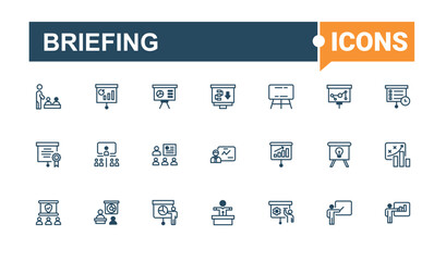 Briefing icons set. Contains related to brainstorm, audience, presentation, business, speak, plan, information. Outline icon. Vector line and solid icons.