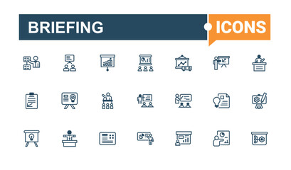 Briefing icons set. Contains related to brainstorm, audience, presentation, business, speak, plan, information. Outline icon. Vector line and solid icons.